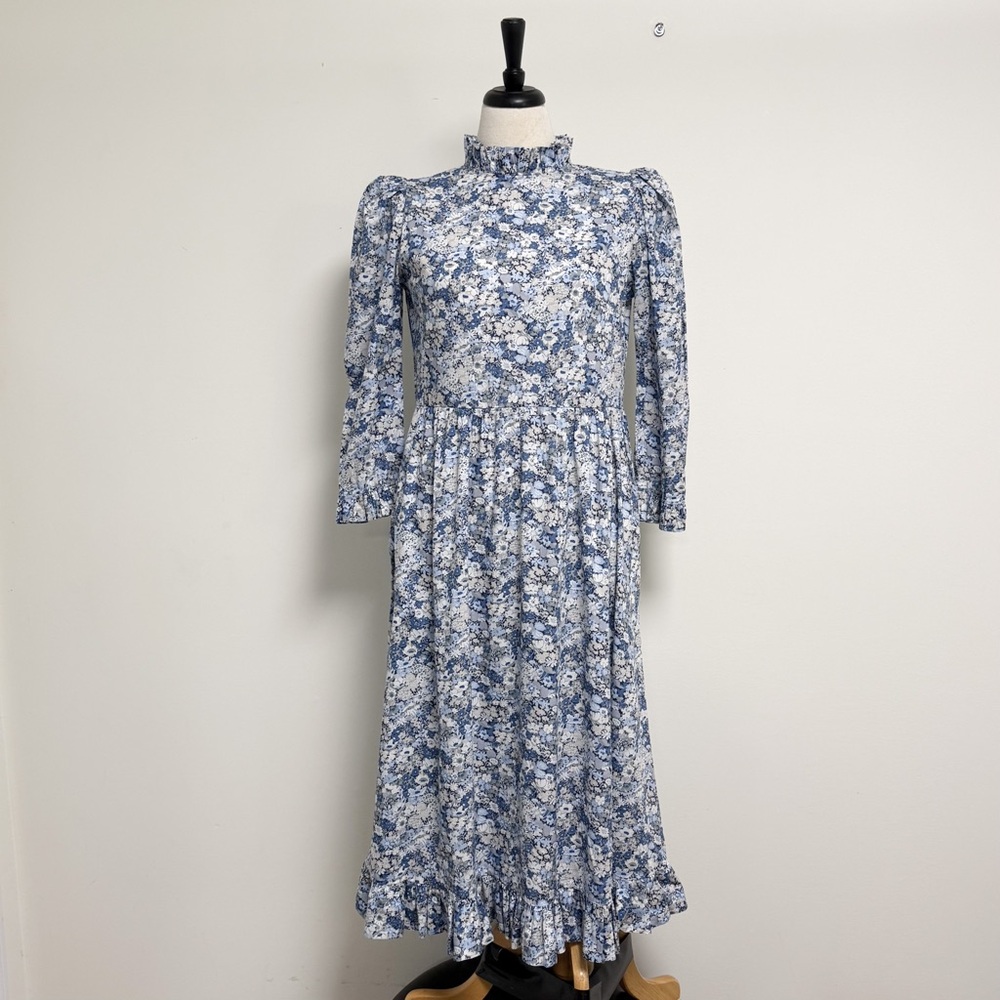 O Pioneers Blue White Floral Puff Sleeve Midi Prairie Dress UK 12 US 8 Carla